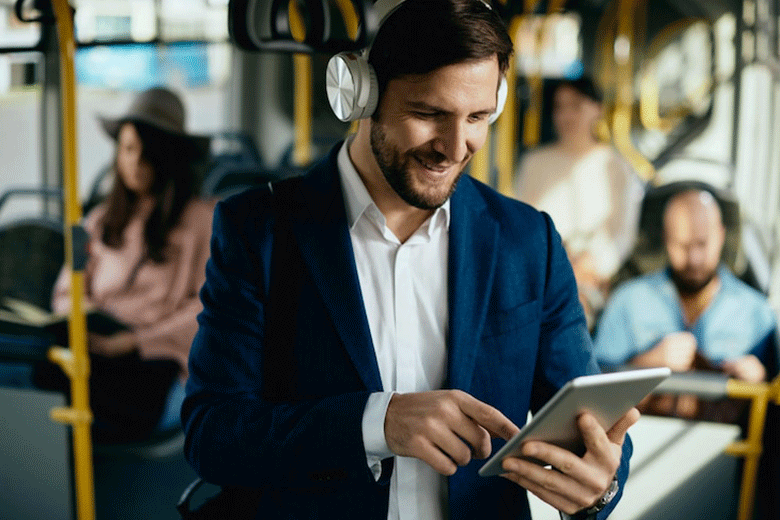 man taking bus to work