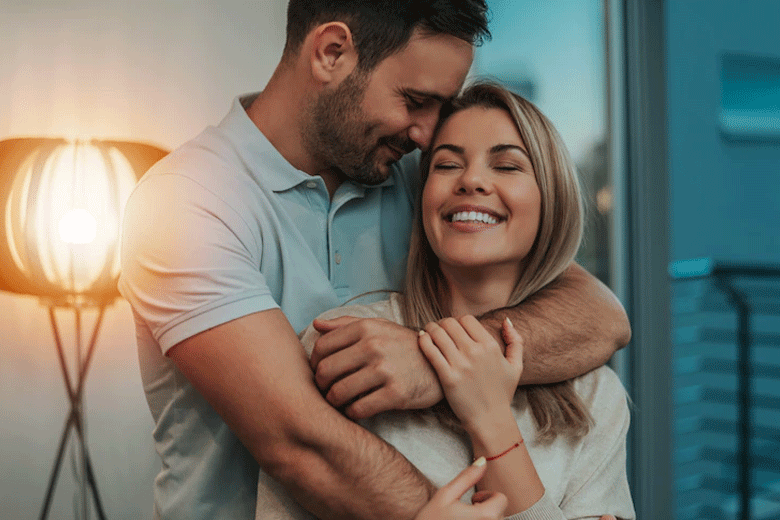 Man hugs a lady tightly from behind