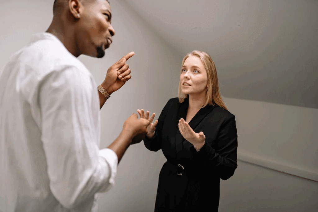 Man and lady engaging in a formal conversation